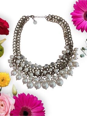 Chico's Pearl & Crystal Multi-Chain Necklace - White and Gold